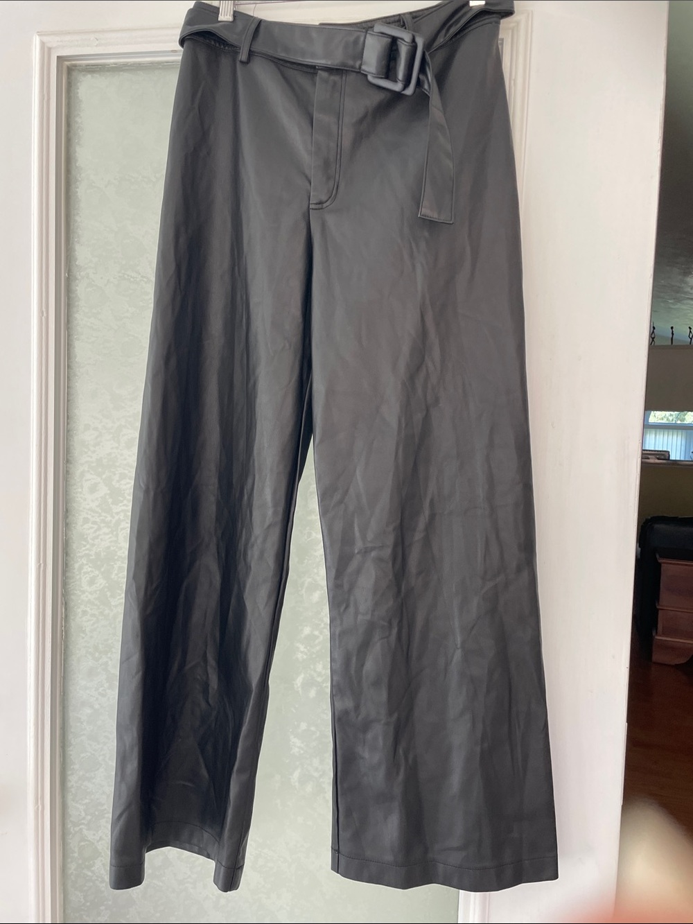 Men's Black Wide-Leg Faux Leather Trousers with Buckle Belt